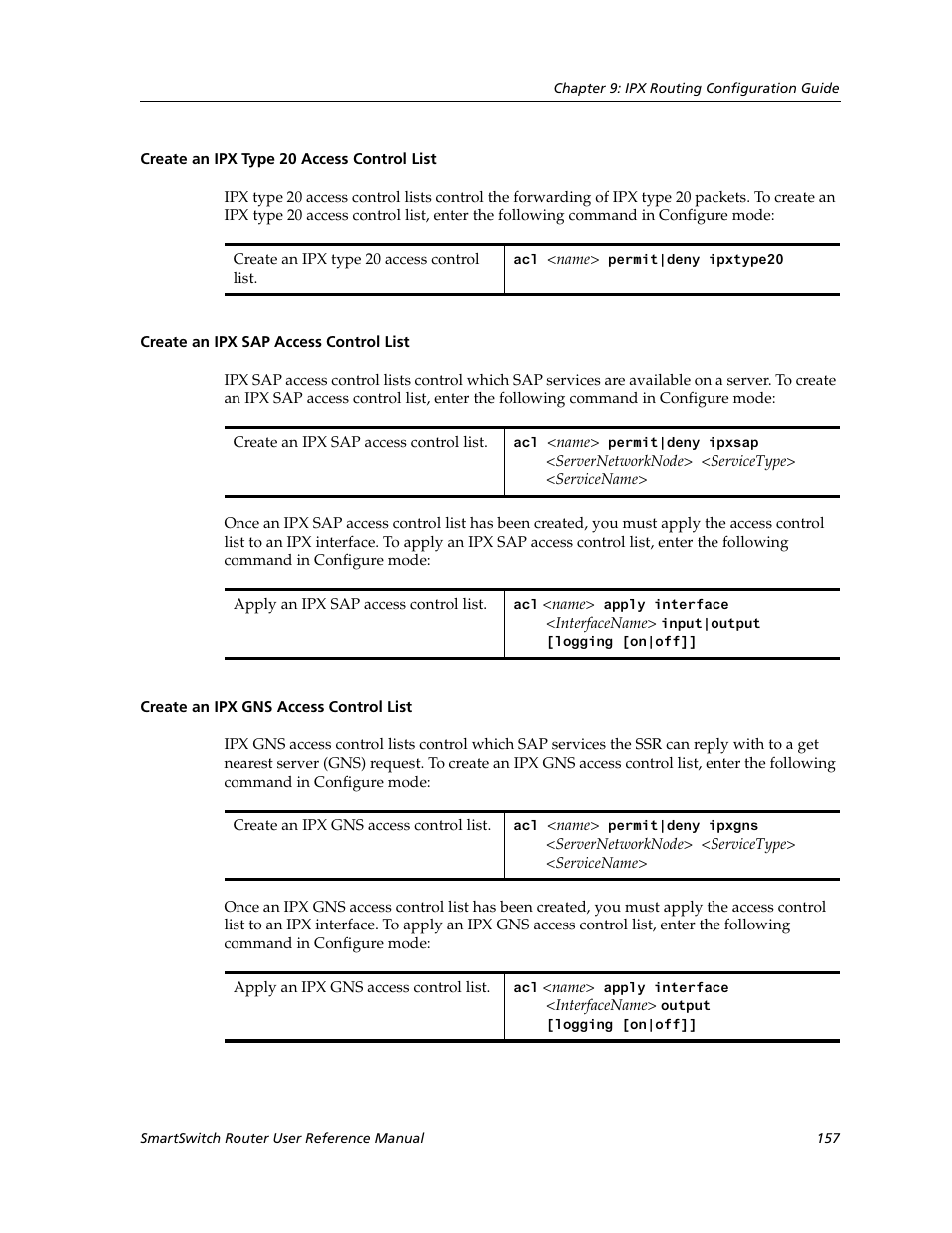 Create an ipx type 20 access control list, Create an ipx sap access control list, Create an ipx gns access control list | Cabletron Systems SmartSwitch Router 9032578-02 User Manual | Page 157 / 207