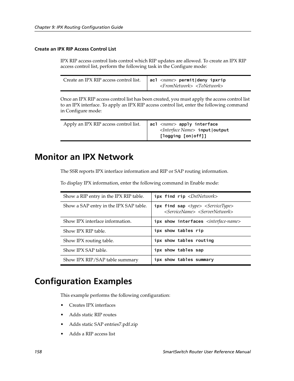 Create an ipx rip access control list, Monitor an ipx network, Configuration examples | Monitor an ipx network configuration examples | Cabletron Systems SmartSwitch Router 9032578-02 User Manual | Page 158 / 207
