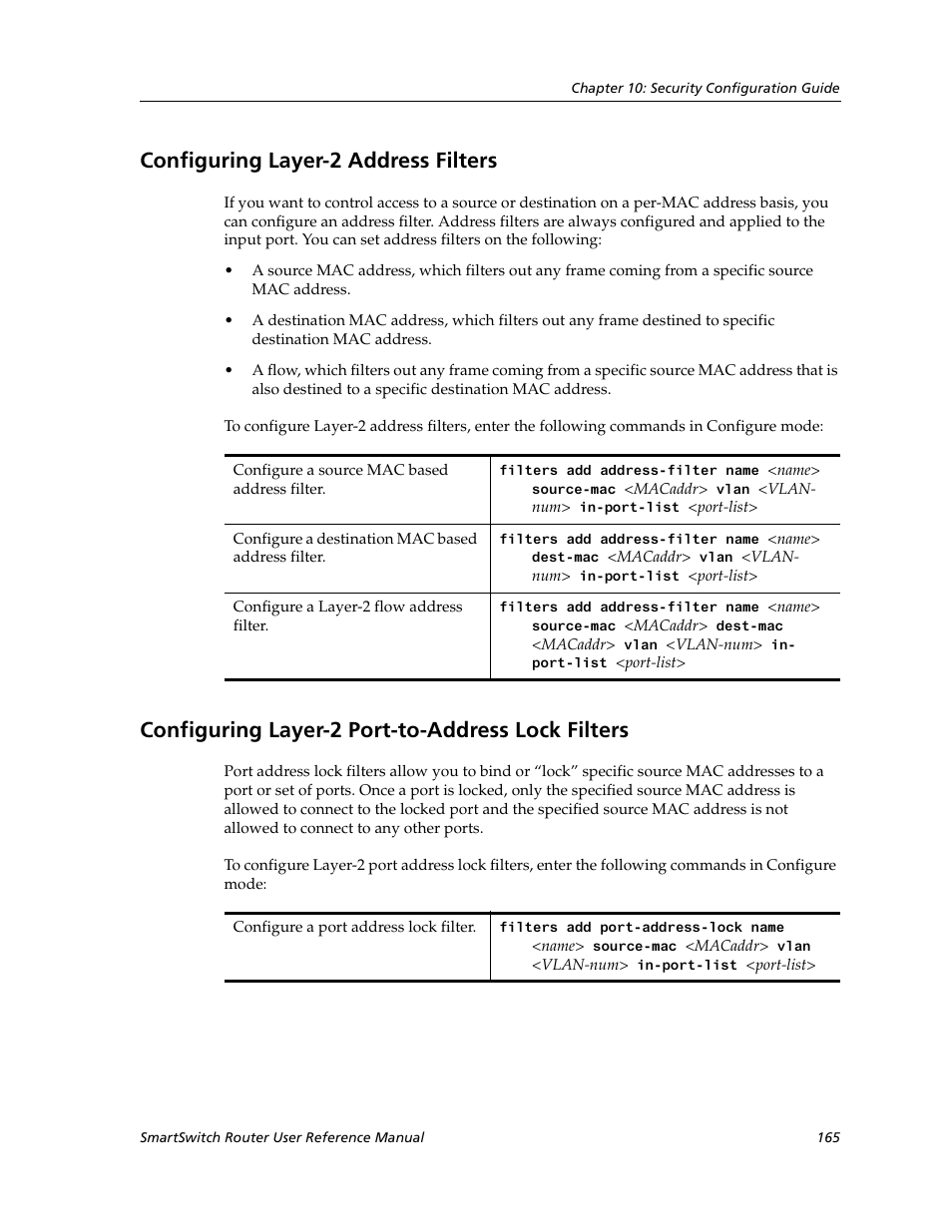 Configuring layer-2 address filters, Configuring layer-2 port-to-address lock filters | Cabletron Systems SmartSwitch Router 9032578-02 User Manual | Page 165 / 207
