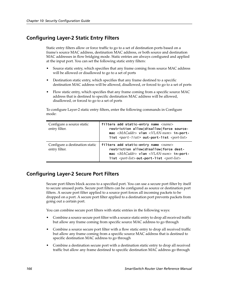 Configuring layer-2 static entry filters, Configuring layer-2 secure port filters | Cabletron Systems SmartSwitch Router 9032578-02 User Manual | Page 166 / 207