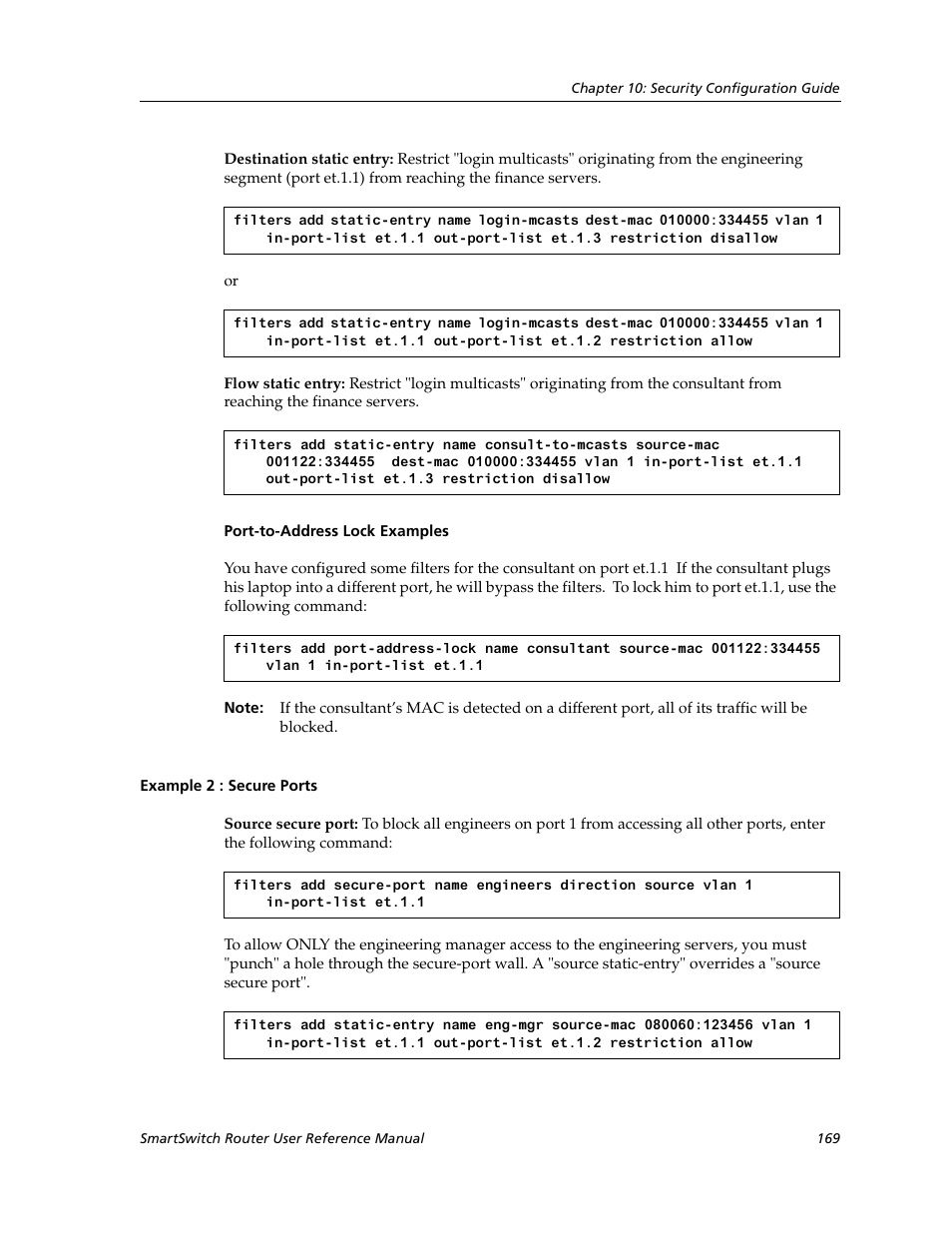 Example 2 : secure ports, Port-to-address lock examples | Cabletron Systems SmartSwitch Router 9032578-02 User Manual | Page 169 / 207