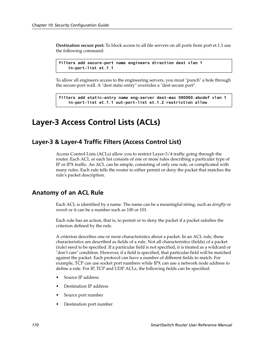 Layer-3 access control lists (acls), Anatomy of an acl rule | Cabletron Systems SmartSwitch Router 9032578-02 User Manual | Page 170 / 207