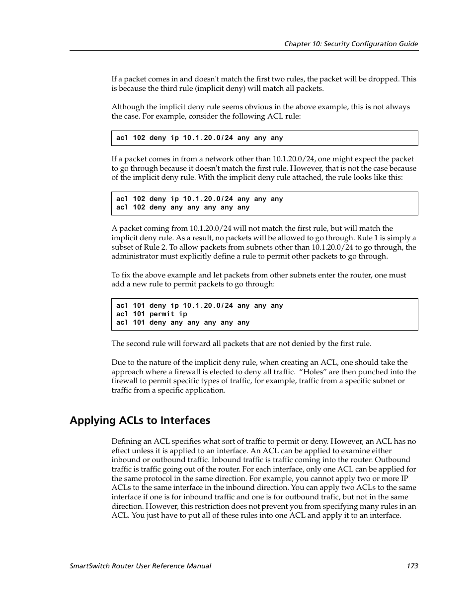 Applying acls to interfaces | Cabletron Systems SmartSwitch Router 9032578-02 User Manual | Page 173 / 207