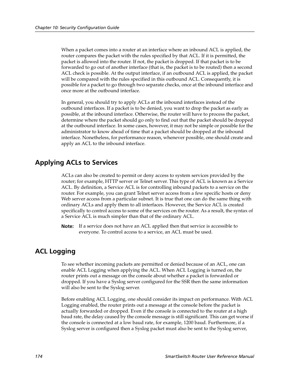 Applying acls to services, Acl logging | Cabletron Systems SmartSwitch Router 9032578-02 User Manual | Page 174 / 207