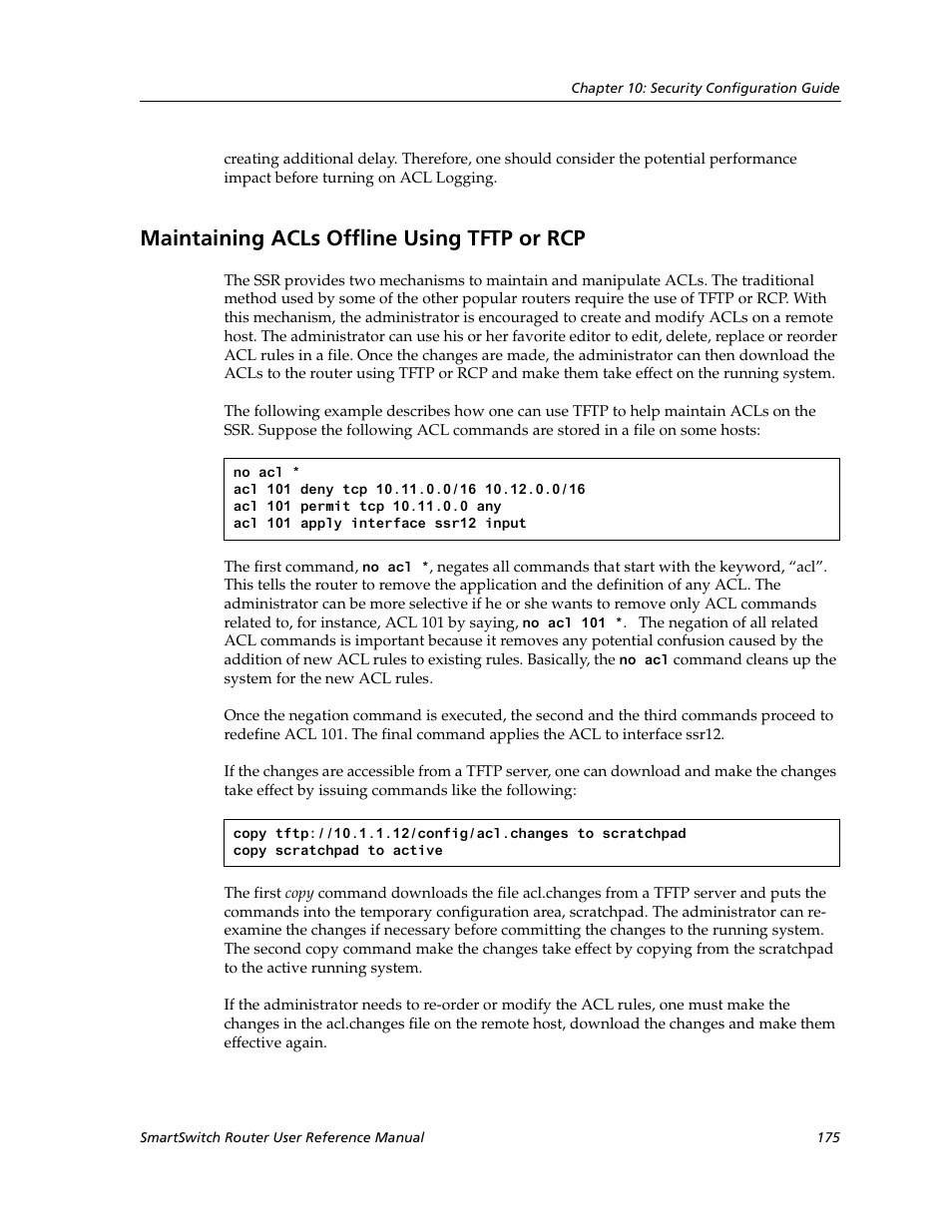 Maintaining acls offline using tftp or rcp | Cabletron Systems SmartSwitch Router 9032578-02 User Manual | Page 175 / 207