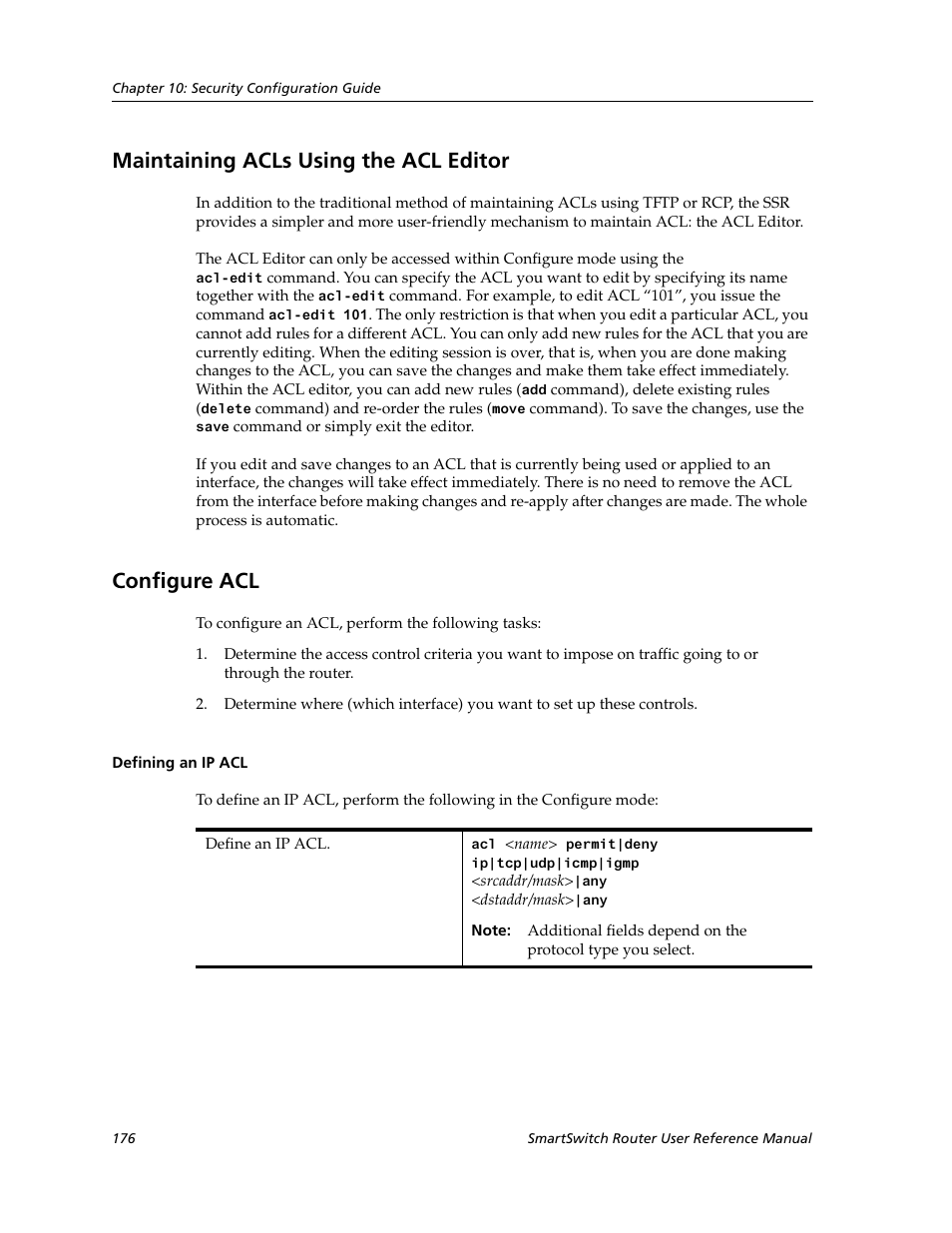 Maintaining acls using the acl editor, Configure acl, Defining an ip acl | Cabletron Systems SmartSwitch Router 9032578-02 User Manual | Page 176 / 207
