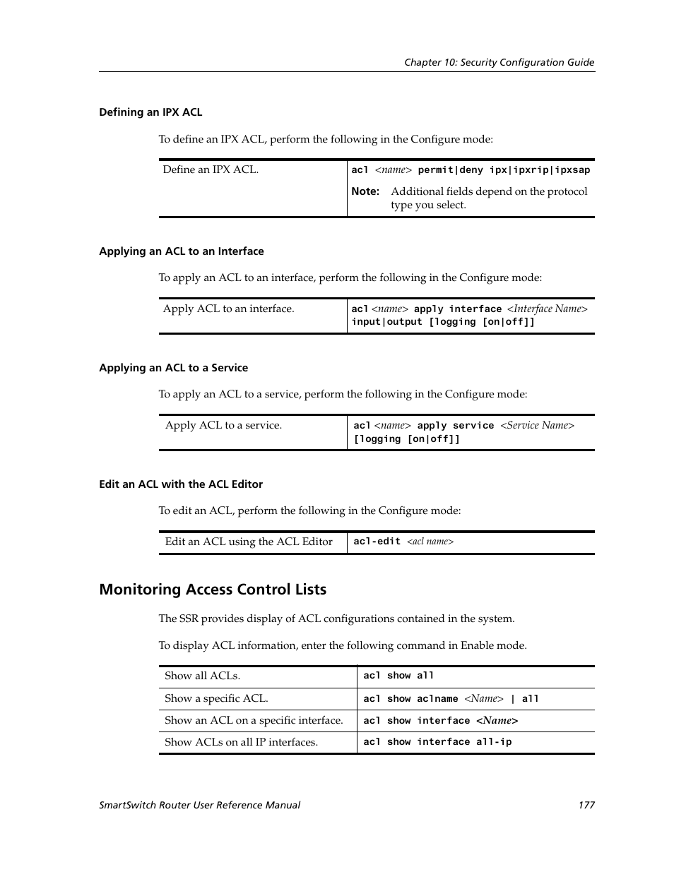 Defining an ipx acl, Applying an acl to an interface, Applying an acl to a service | Edit an acl with the acl editor, Monitoring access control lists | Cabletron Systems SmartSwitch Router 9032578-02 User Manual | Page 177 / 207