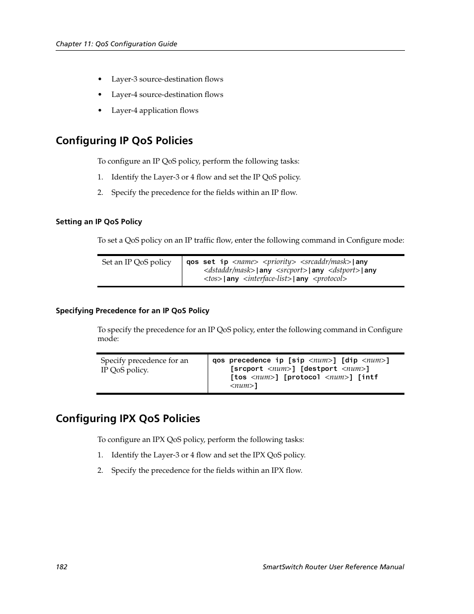 Configuring ip qos policies, Setting an ip qos policy, Specifying precedence for an ip qos policy | Configuring ipx qos policies | Cabletron Systems SmartSwitch Router 9032578-02 User Manual | Page 182 / 207