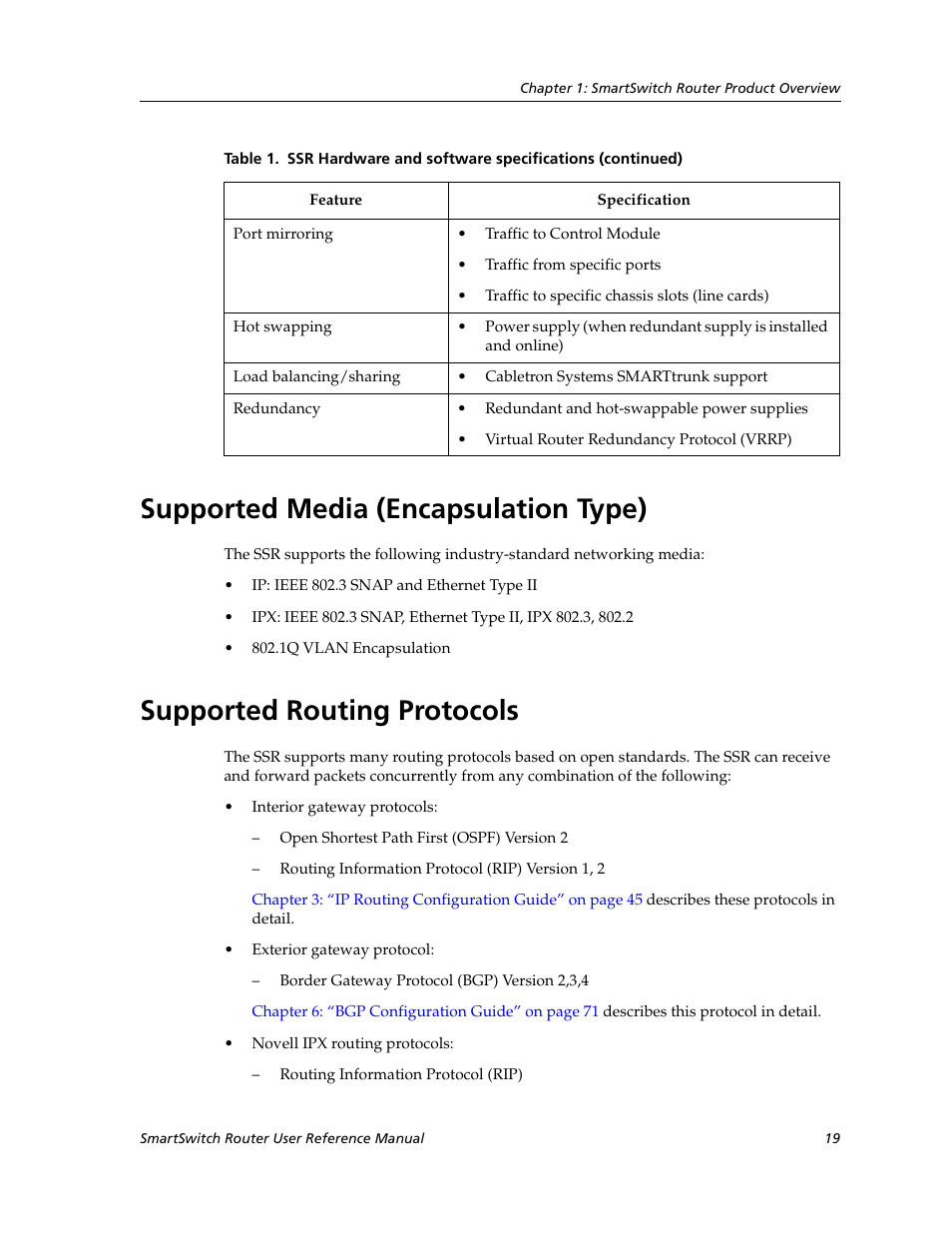 Supported media (encapsulation type), Supported routing protocols | Cabletron Systems SmartSwitch Router 9032578-02 User Manual | Page 19 / 207
