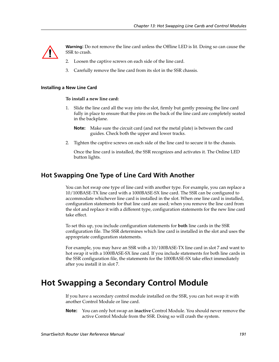 Installing a new line card, Hot swapping one type of line card with another, Hot swapping a secondary control module | Cabletron Systems SmartSwitch Router 9032578-02 User Manual | Page 191 / 207