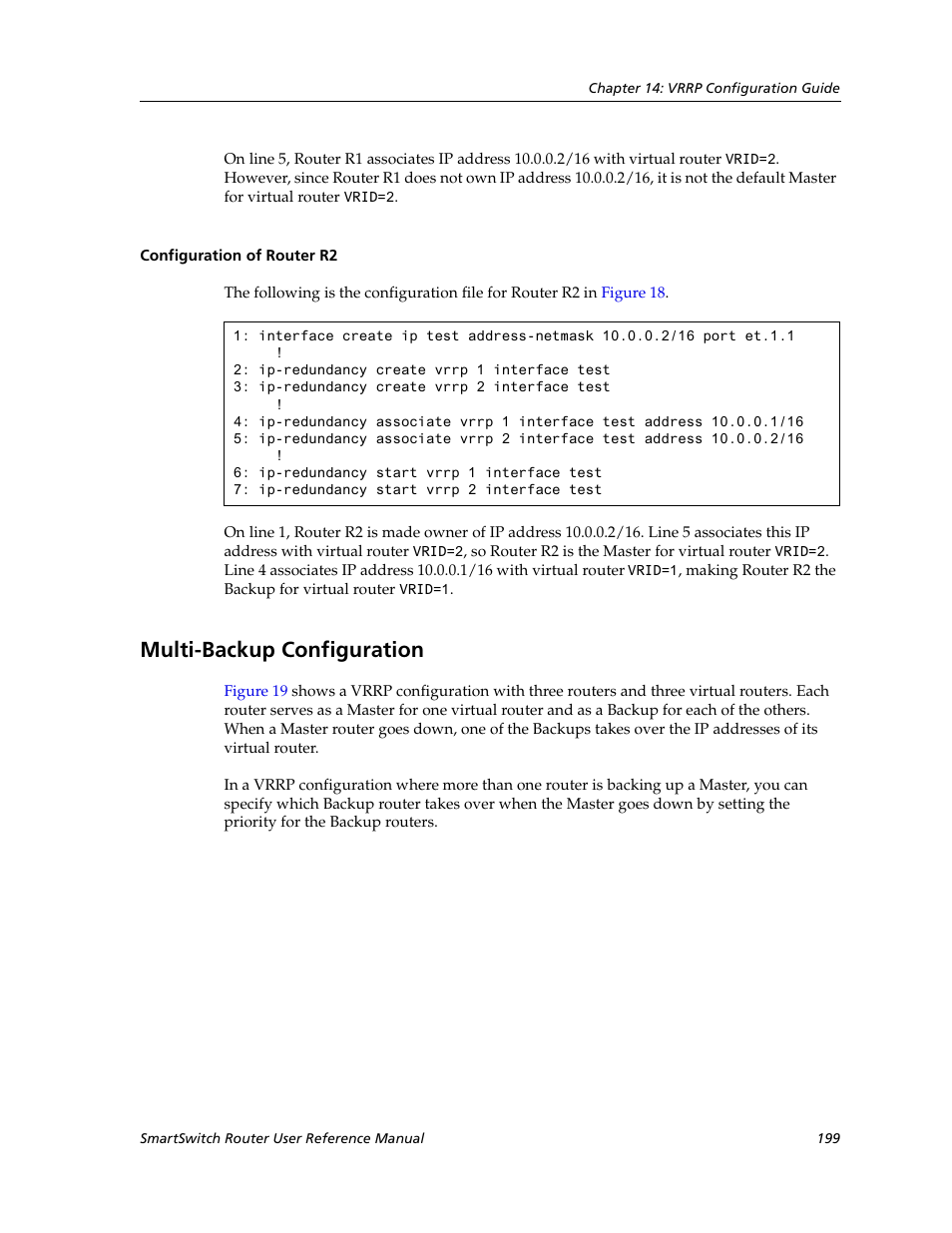 Configuration of router r2, Multi-backup configuration | Cabletron Systems SmartSwitch Router 9032578-02 User Manual | Page 199 / 207