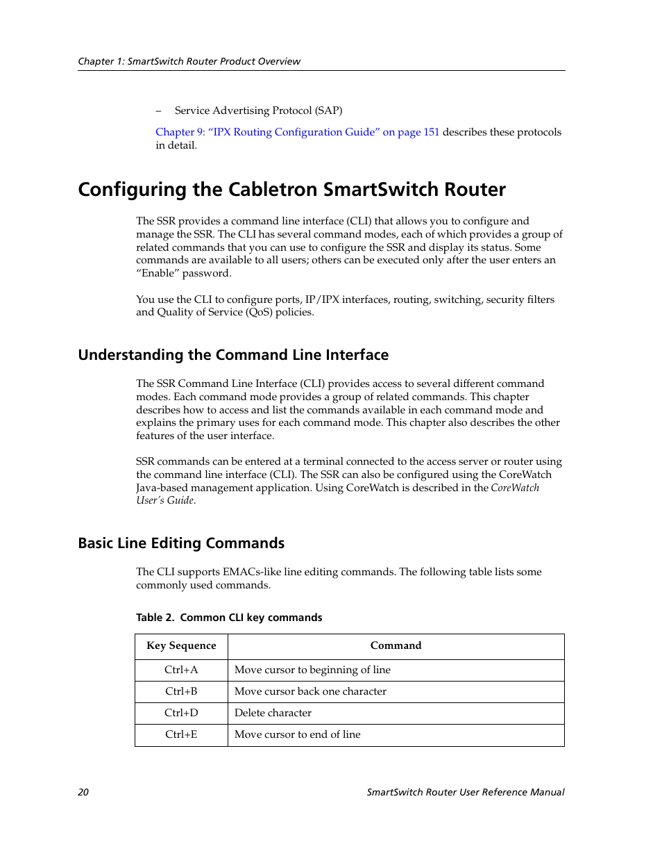 Configuring the cabletron smartswitch router, Understanding the command line interface, Basic line editing commands | Cabletron Systems SmartSwitch Router 9032578-02 User Manual | Page 20 / 207