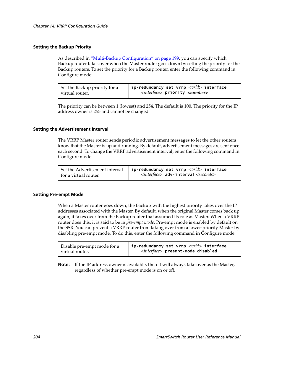 Setting the backup priority, Setting the advertisement interval, Setting pre-empt mode | Cabletron Systems SmartSwitch Router 9032578-02 User Manual | Page 204 / 207