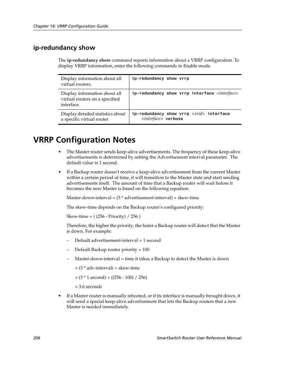 Ip-redundancy show, Vrrp configuration notes | Cabletron Systems SmartSwitch Router 9032578-02 User Manual | Page 206 / 207