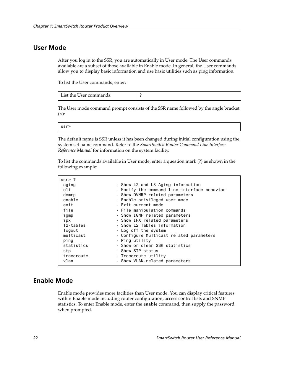 User mode, Enable mode, User mode enable mode | Cabletron Systems SmartSwitch Router 9032578-02 User Manual | Page 22 / 207
