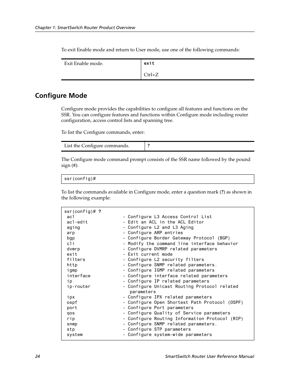 Configure mode | Cabletron Systems SmartSwitch Router 9032578-02 User Manual | Page 24 / 207