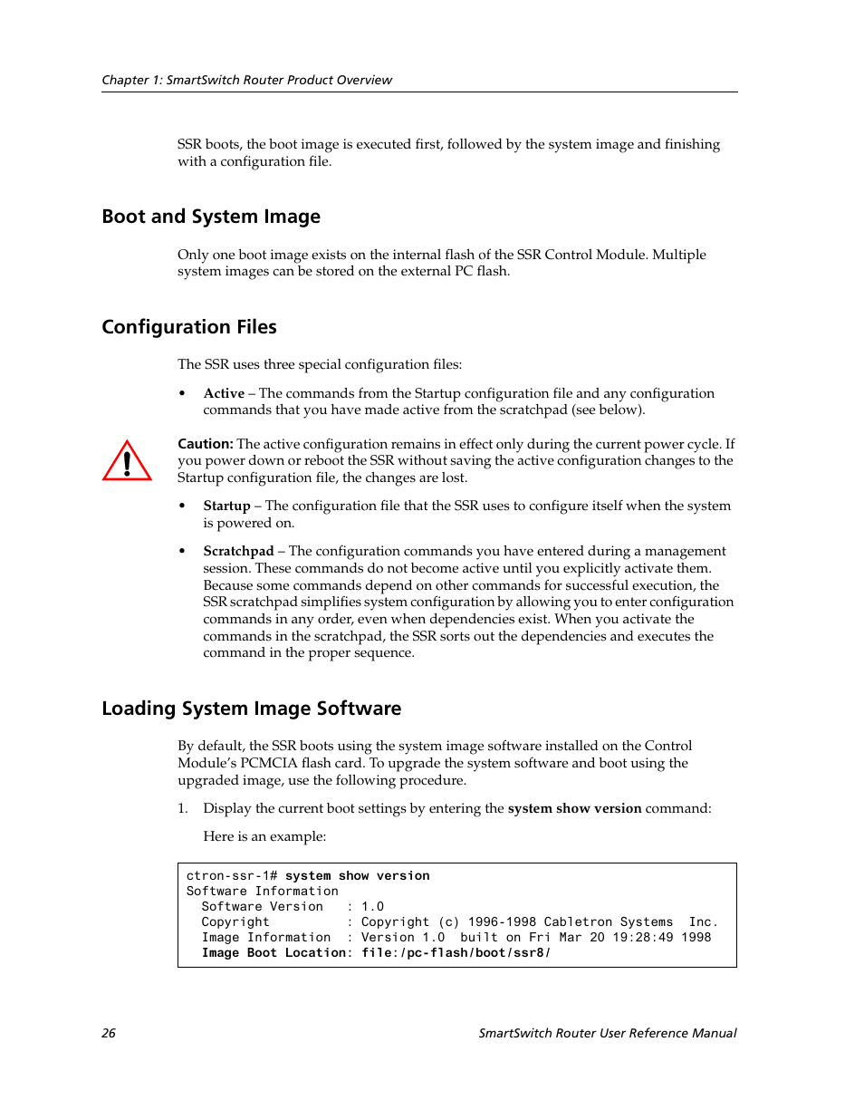 Boot and system image, Configuration files, Loading system image software | Cabletron Systems SmartSwitch Router 9032578-02 User Manual | Page 26 / 207