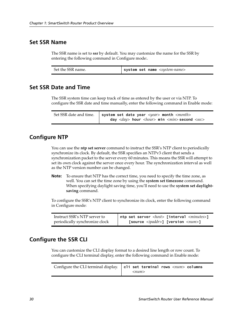 Set ssr name, Set ssr date and time, Configure ntp | Configure the ssr cli | Cabletron Systems SmartSwitch Router 9032578-02 User Manual | Page 30 / 207