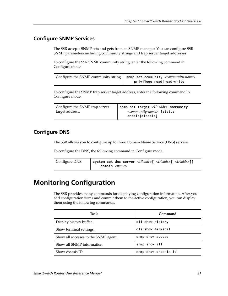 Configure snmp services, Configure dns, Monitoring configuration | Configure snmp services configure dns | Cabletron Systems SmartSwitch Router 9032578-02 User Manual | Page 31 / 207