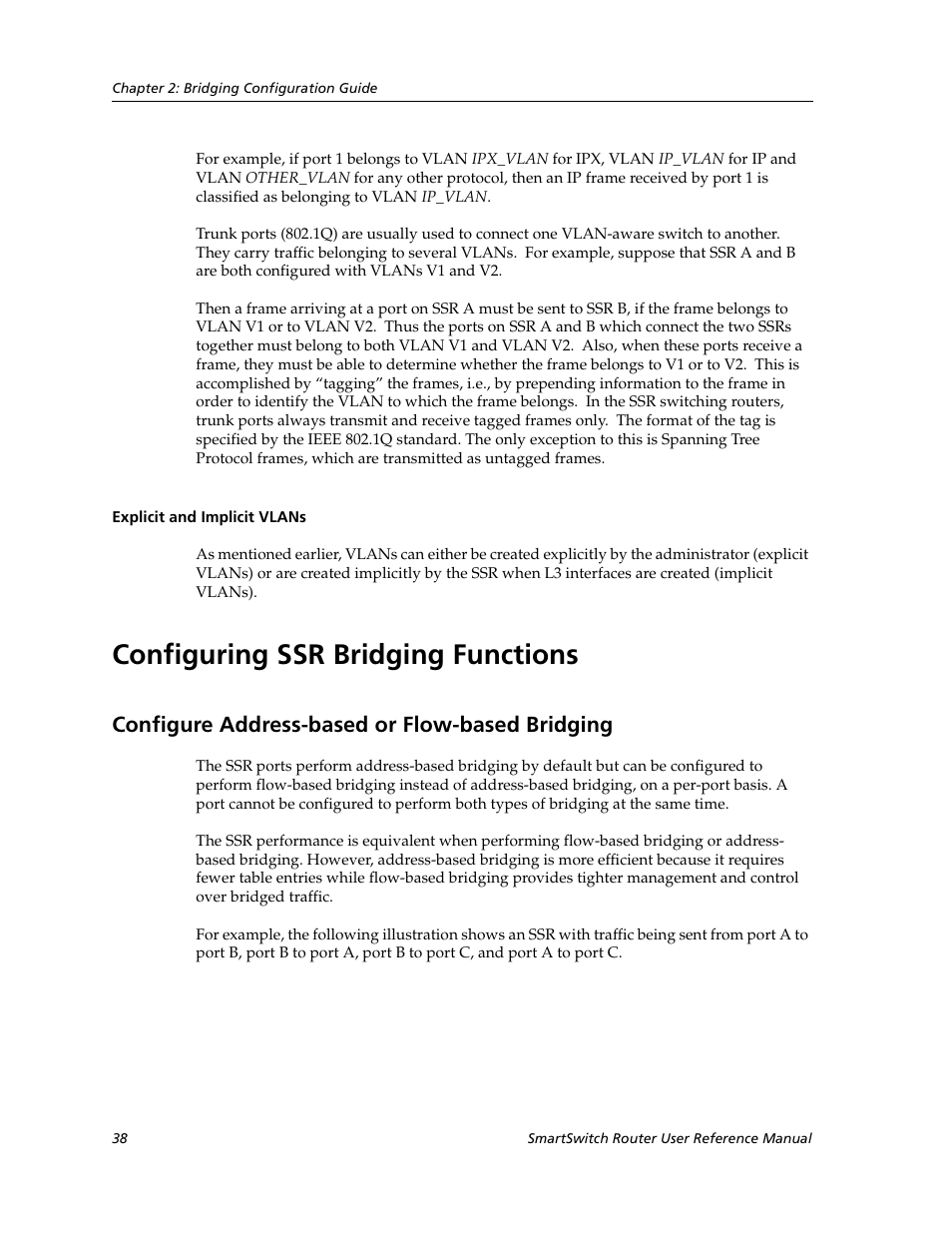 Explicit and implicit vlans, Configuring ssr bridging functions, Configure address-based or flow-based bridging | Cabletron Systems SmartSwitch Router 9032578-02 User Manual | Page 38 / 207