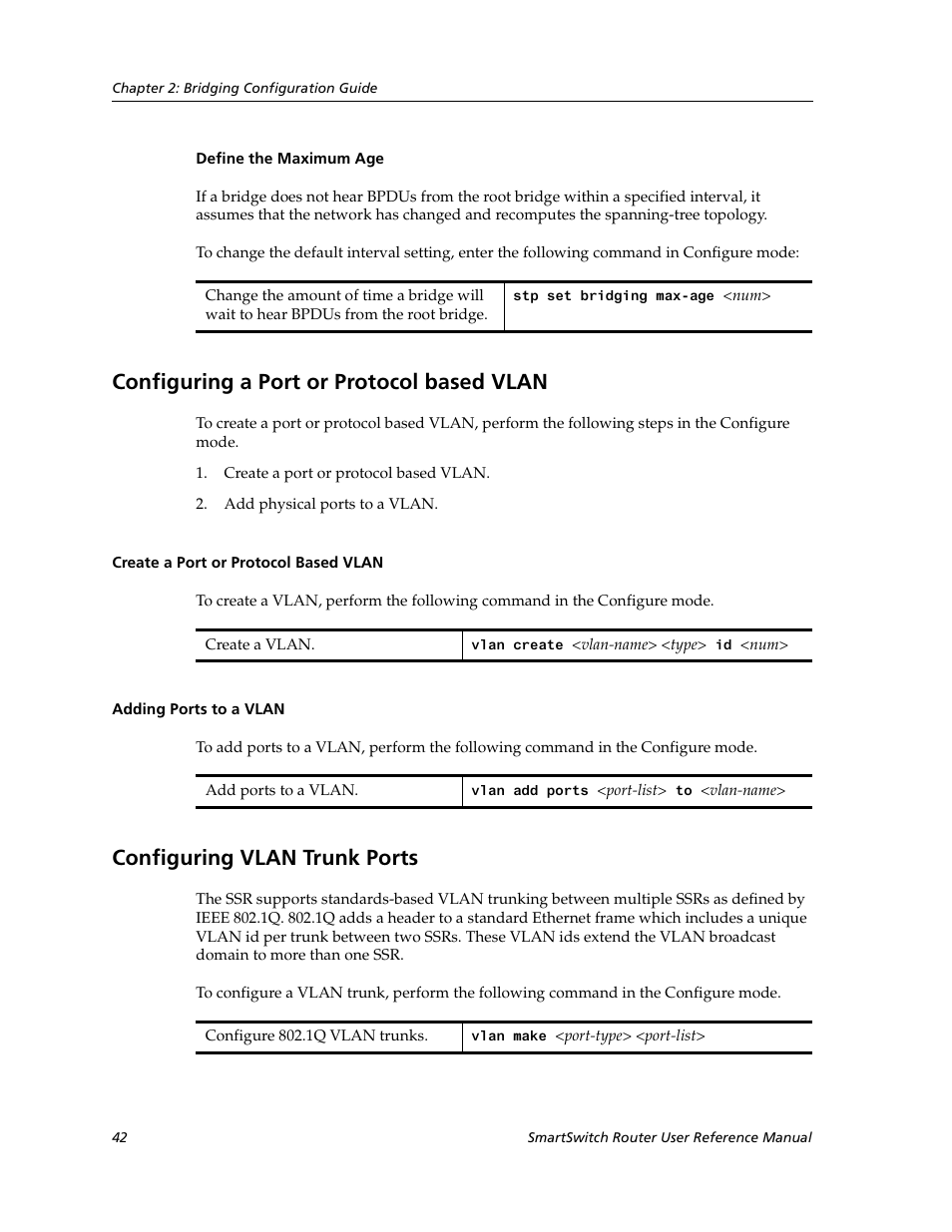 Configuring a port or protocol based vlan, Create a port or protocol based vlan, Adding ports to a vlan | Configuring vlan trunk ports, Define the maximum age | Cabletron Systems SmartSwitch Router 9032578-02 User Manual | Page 42 / 207