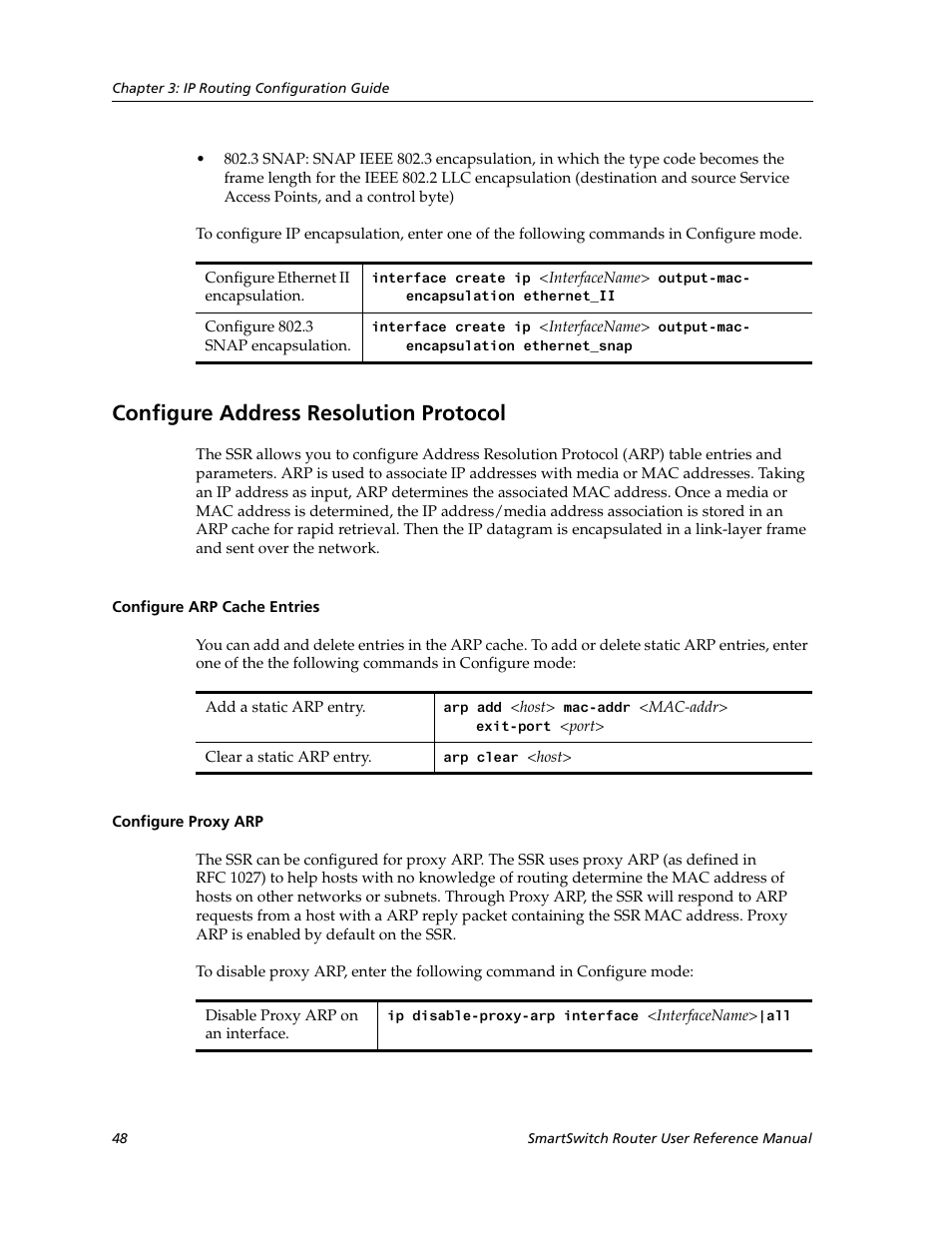 Configure address resolution protocol, Configure arp cache entries, Configure proxy arp | Configure arp cache entries configure proxy arp | Cabletron Systems SmartSwitch Router 9032578-02 User Manual | Page 48 / 207
