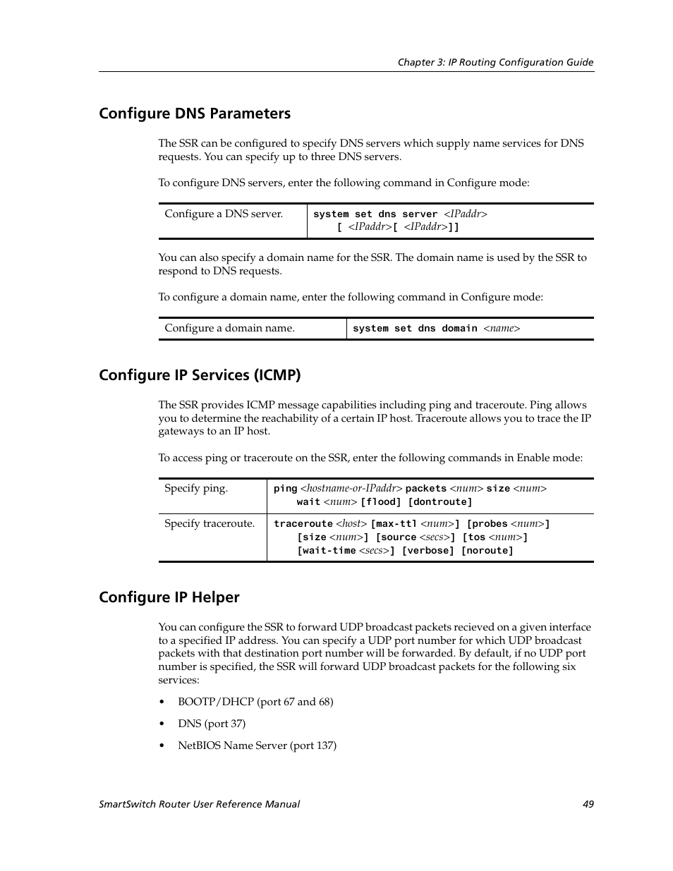 Configure dns parameters, Configure ip services (icmp), Configure ip helper | Cabletron Systems SmartSwitch Router 9032578-02 User Manual | Page 49 / 207