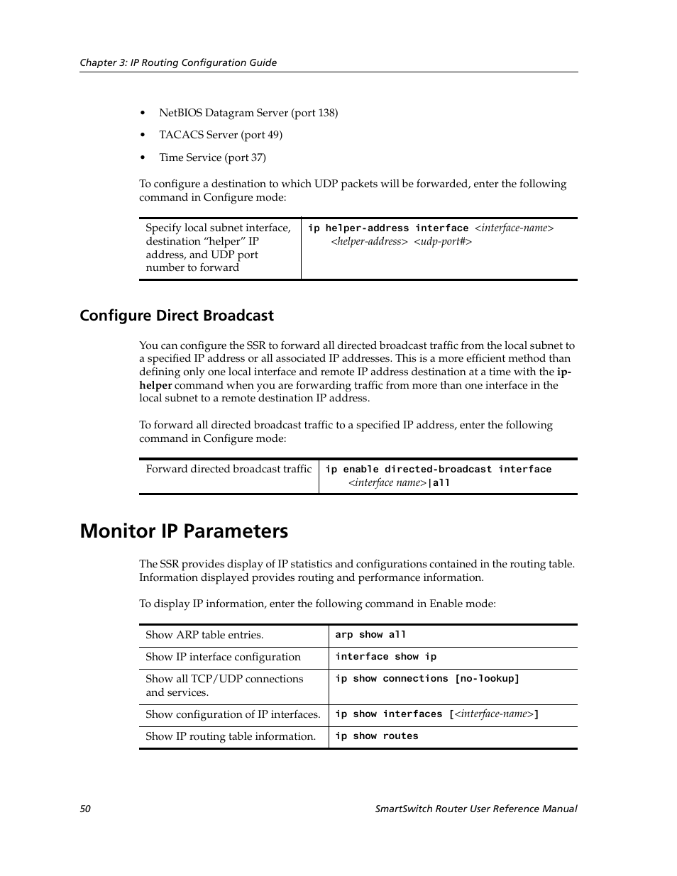 Configure direct broadcast, Monitor ip parameters | Cabletron Systems SmartSwitch Router 9032578-02 User Manual | Page 50 / 207