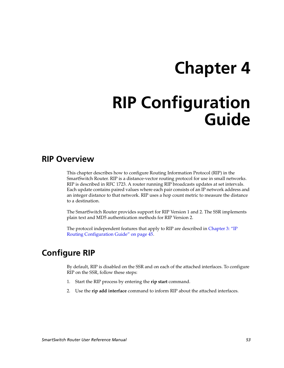 Rip configuration guide, Rip overview, Configure rip | Chapter 4: rip configuration guide, Rip overview configure rip, Chapter 4 rip configuration guide | Cabletron Systems SmartSwitch Router 9032578-02 User Manual | Page 53 / 207