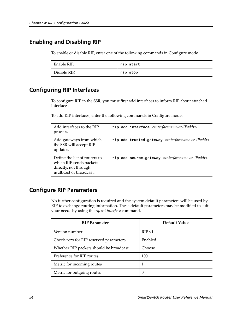 Enabling and disabling rip, Configuring rip interfaces, Configure rip parameters | Cabletron Systems SmartSwitch Router 9032578-02 User Manual | Page 54 / 207