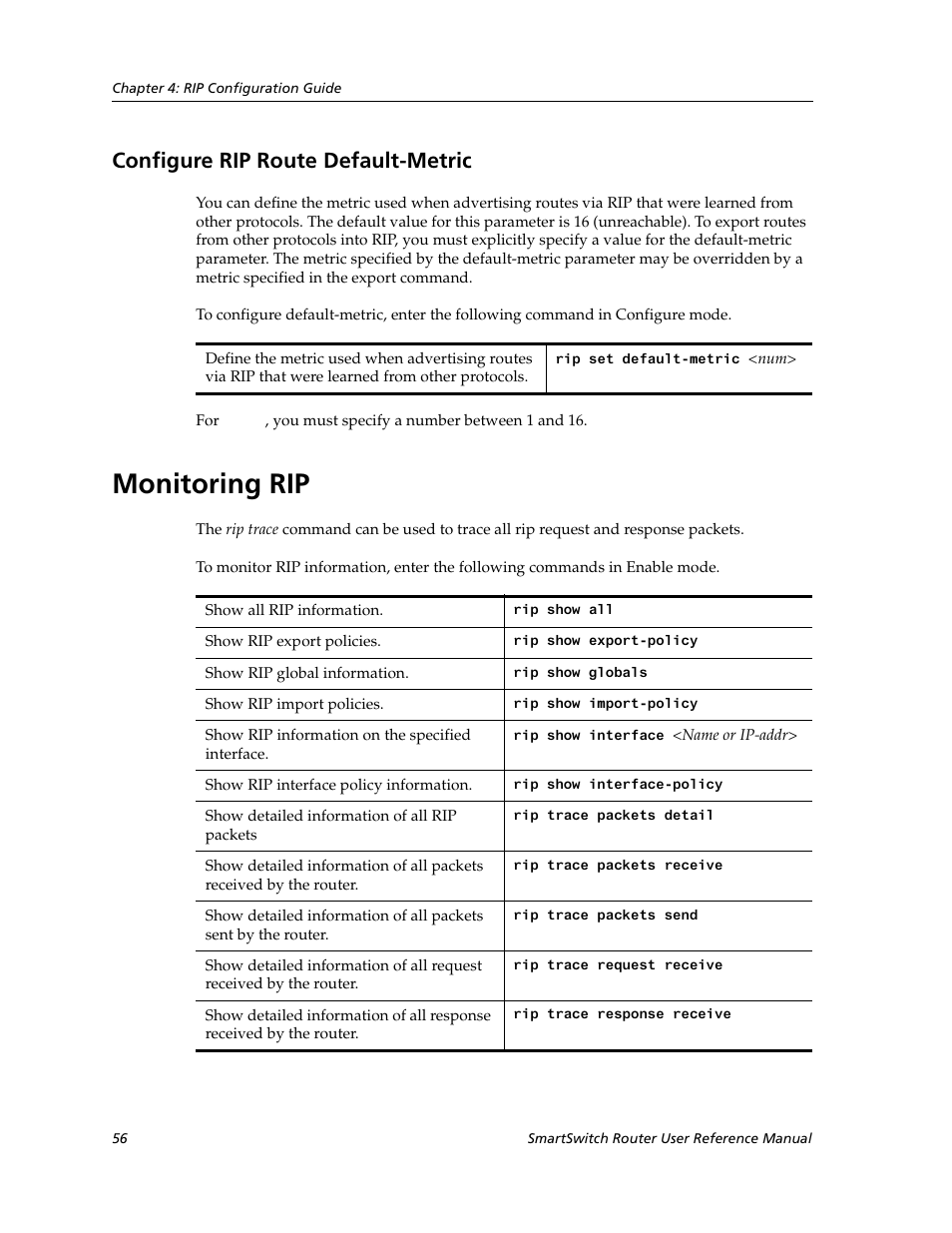 Configure rip route default-metric, Monitoring rip | Cabletron Systems SmartSwitch Router 9032578-02 User Manual | Page 56 / 207