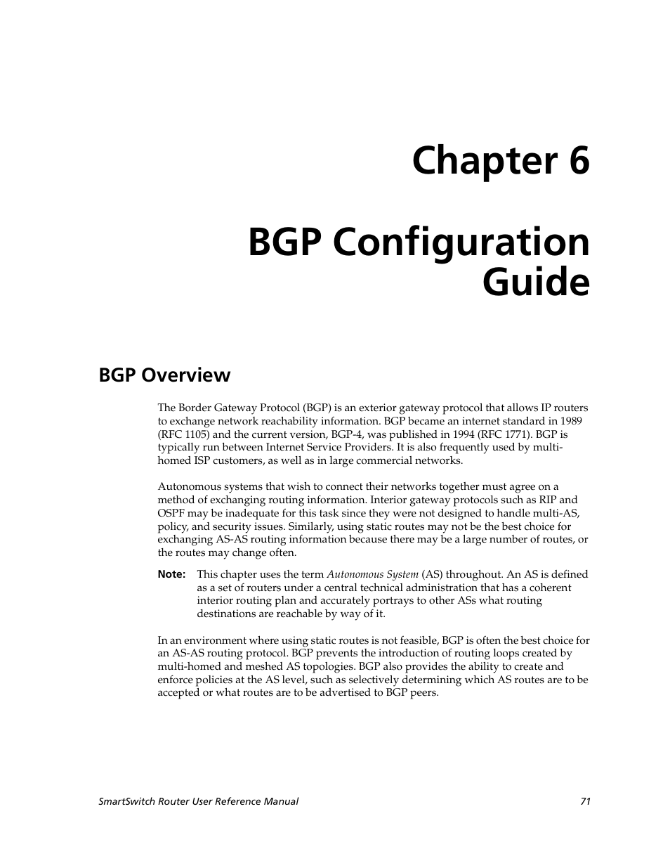 Bgp configuration guide, Bgp overview, Chapter 6: bgp configuration guide | Chapter 6, Chapter 6 bgp configuration guide | Cabletron Systems SmartSwitch Router 9032578-02 User Manual | Page 71 / 207