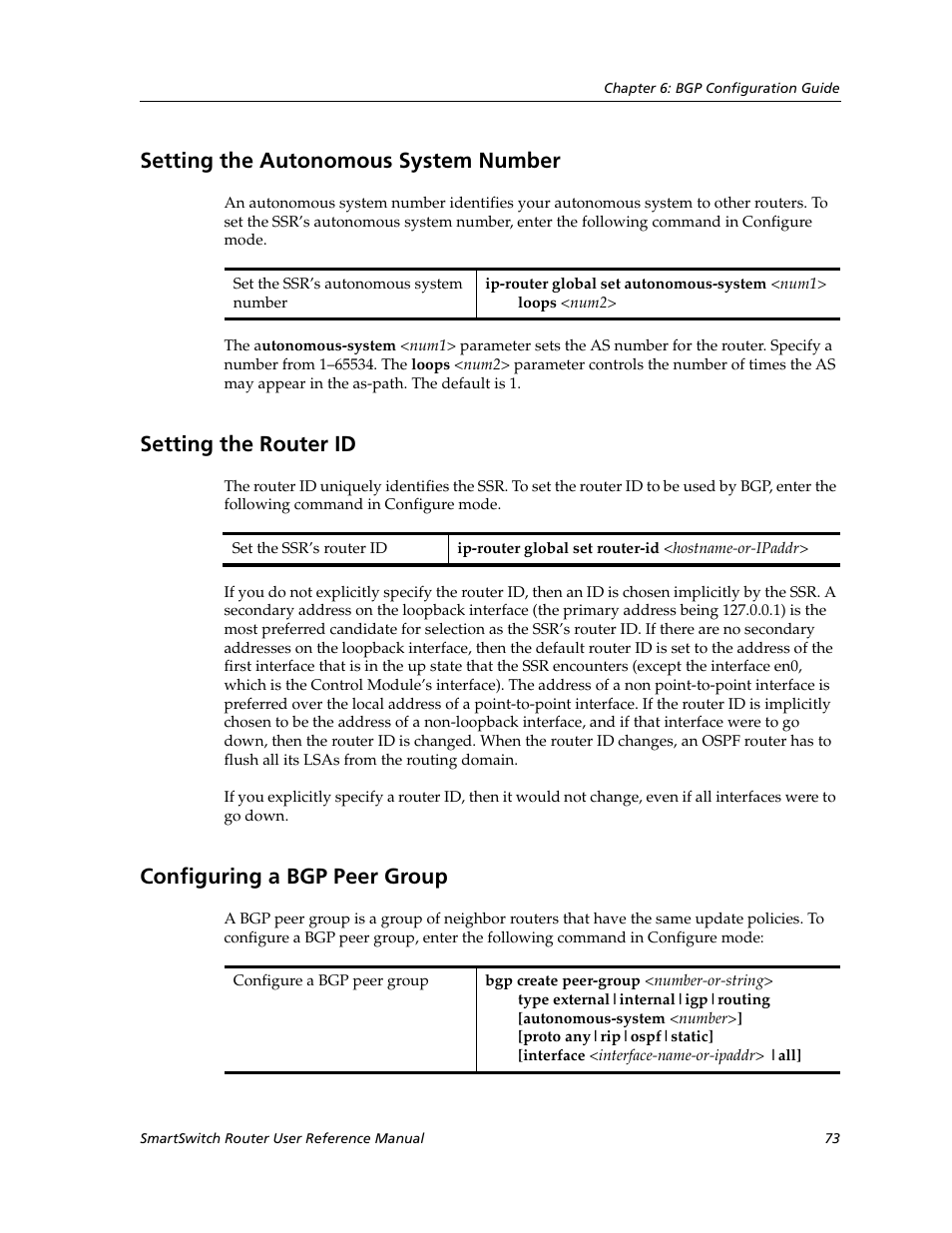 Setting the autonomous system number, Setting the router id, Configuring a bgp peer group | Cabletron Systems SmartSwitch Router 9032578-02 User Manual | Page 73 / 207