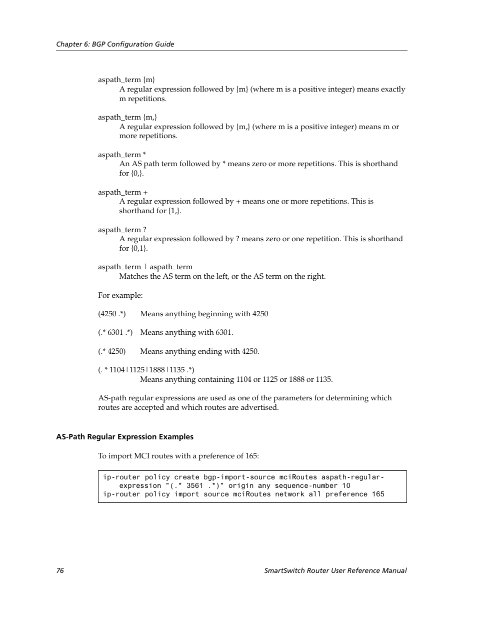 As-path regular expression examples | Cabletron Systems SmartSwitch Router 9032578-02 User Manual | Page 76 / 207