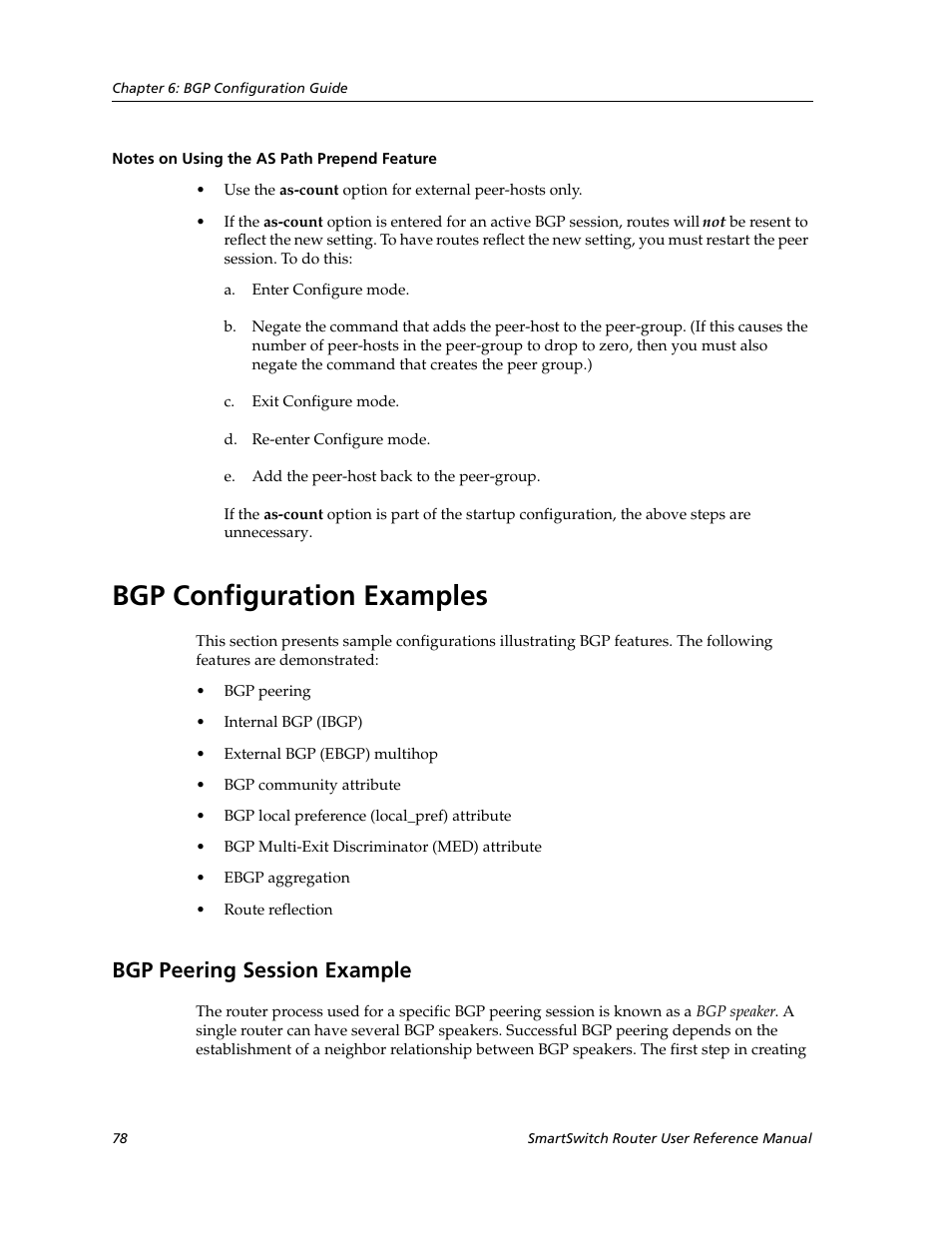 Notes on using the as path prepend feature, Bgp configuration examples, Bgp peering session example | Cabletron Systems SmartSwitch Router 9032578-02 User Manual | Page 78 / 207