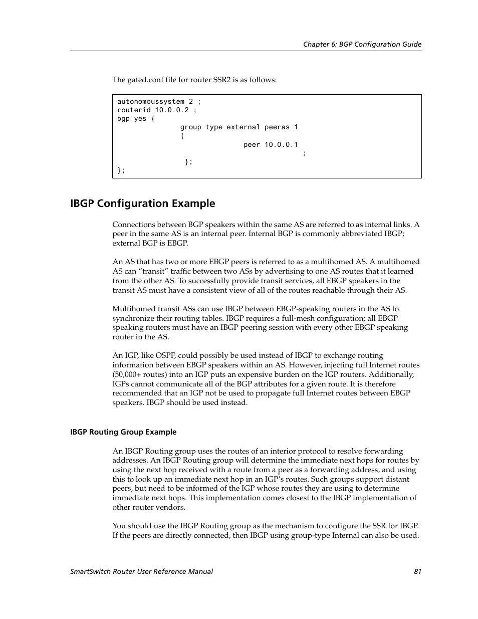 Ibgp configuration example, Ibgp routing group example | Cabletron Systems SmartSwitch Router 9032578-02 User Manual | Page 81 / 207