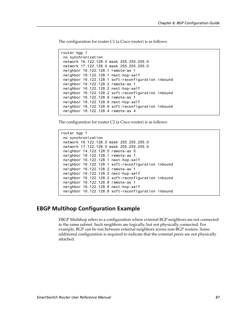 Ebgp multihop configuration example | Cabletron Systems SmartSwitch Router 9032578-02 User Manual | Page 87 / 207