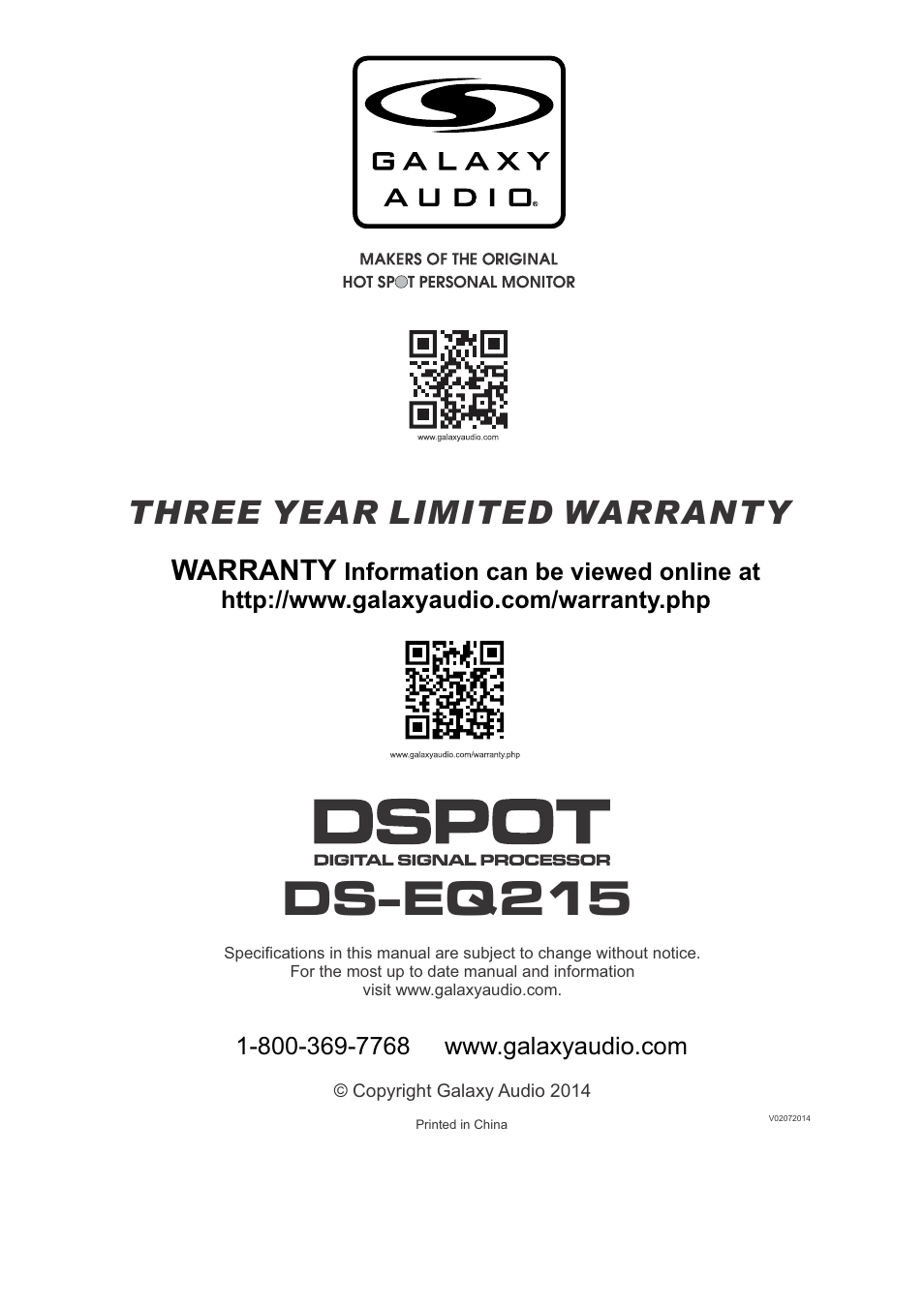 Ds-eq215, Three year limited warranty, Warranty | Galaxy Audio DS-EQ215 User Manual | Page 20 / 20