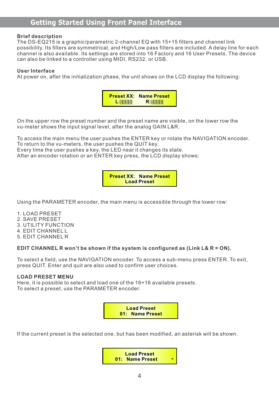 Getting started using front panel interface | Galaxy Audio DS-EQ215 User Manual | Page 6 / 20