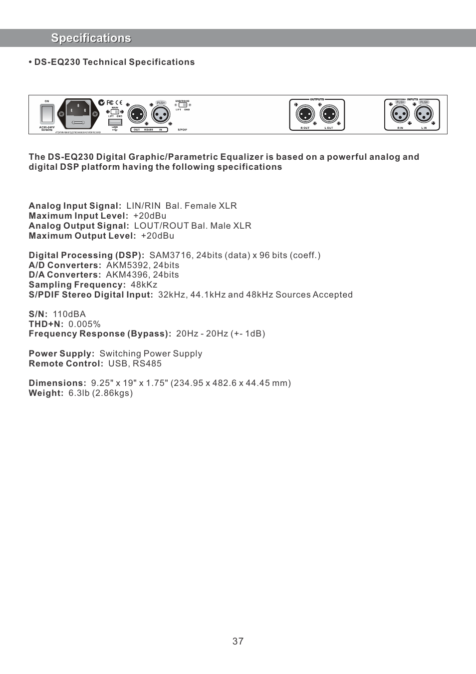 Specifications | Galaxy Audio DS-EQ230 User Manual | Page 38 / 40