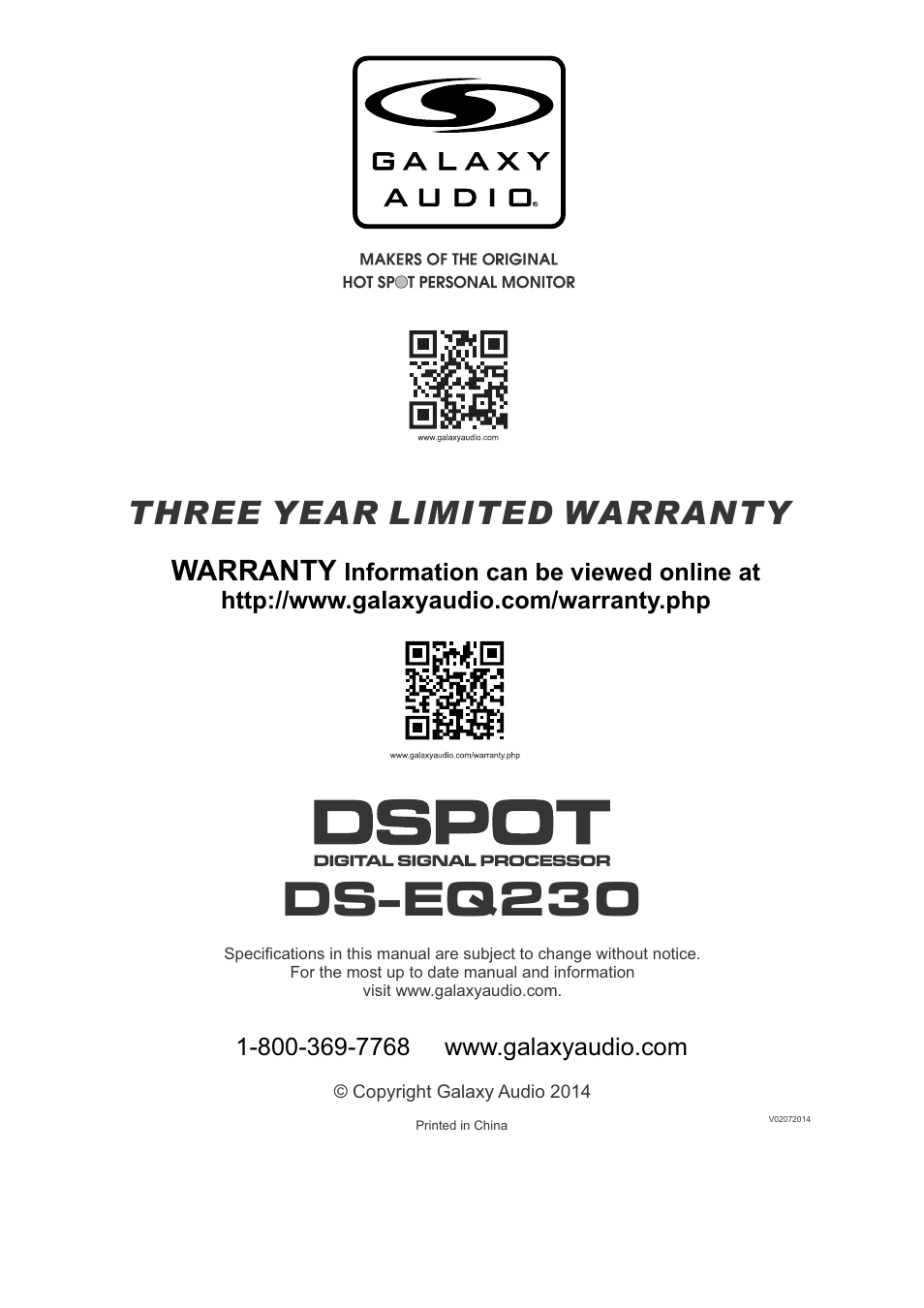 Ds-eq230, Three year limited warranty, Warranty | Galaxy Audio DS-EQ230 User Manual | Page 40 / 40