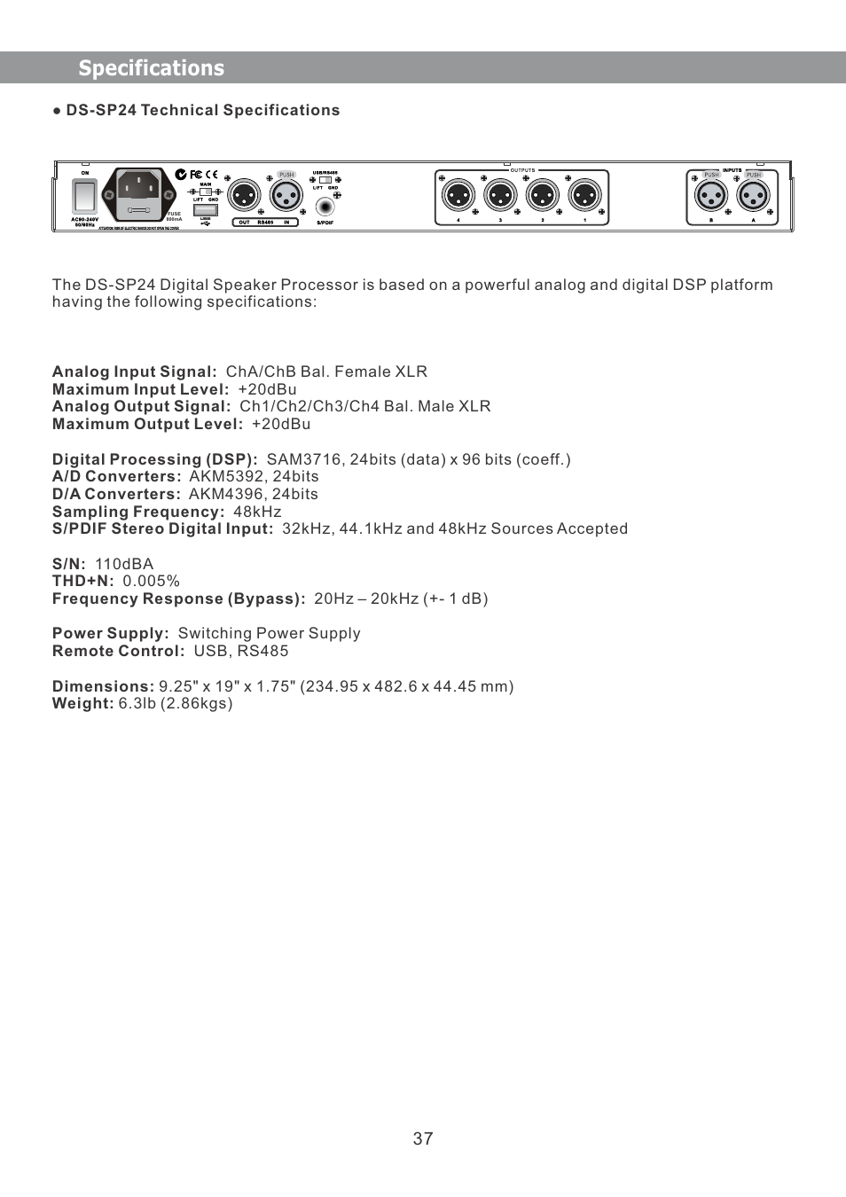 Specifications | Galaxy Audio DS-SP24 User Manual | Page 38 / 40