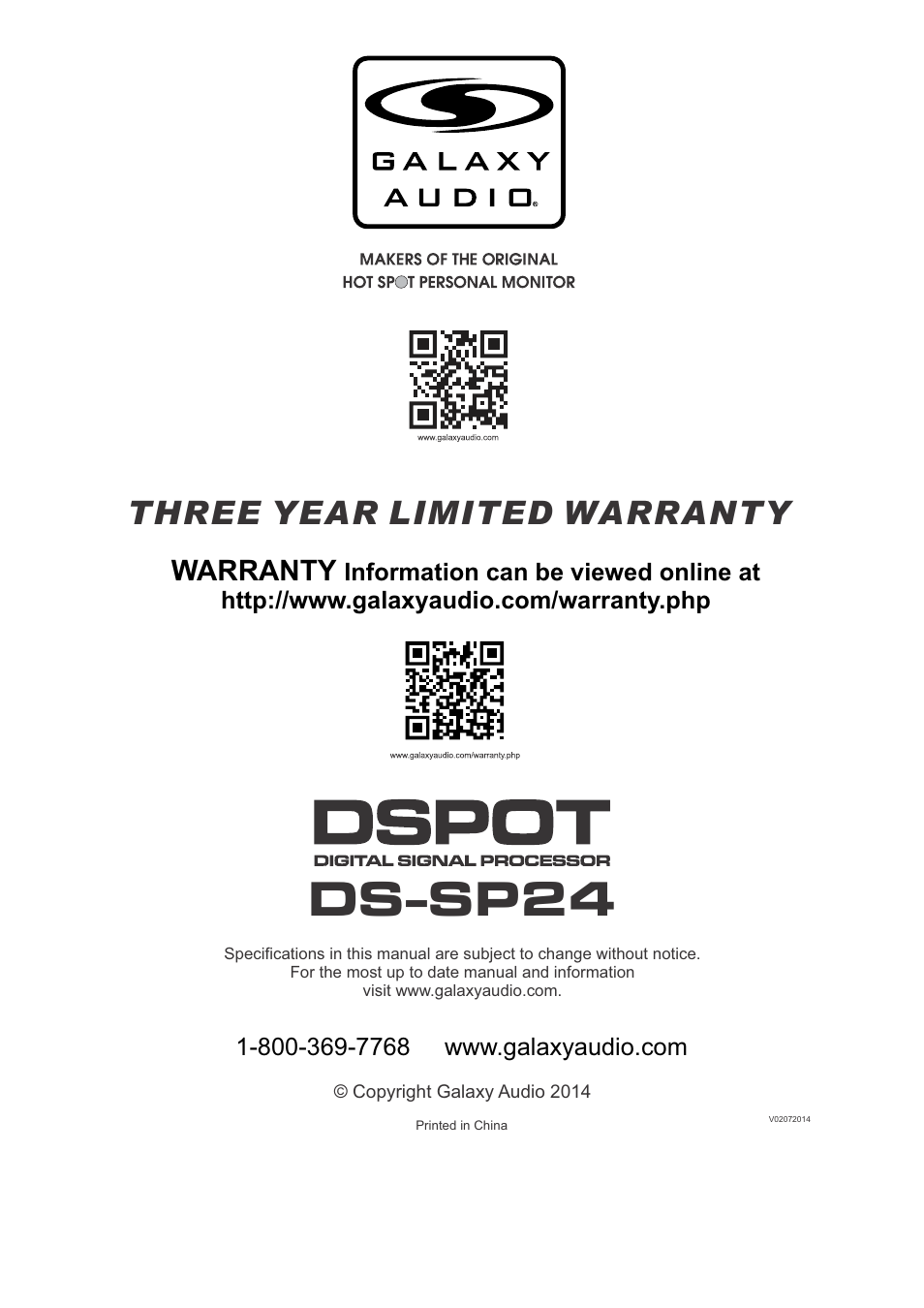 Ds-sp24, Three year limited warranty, Warranty | Galaxy Audio DS-SP24 User Manual | Page 40 / 40