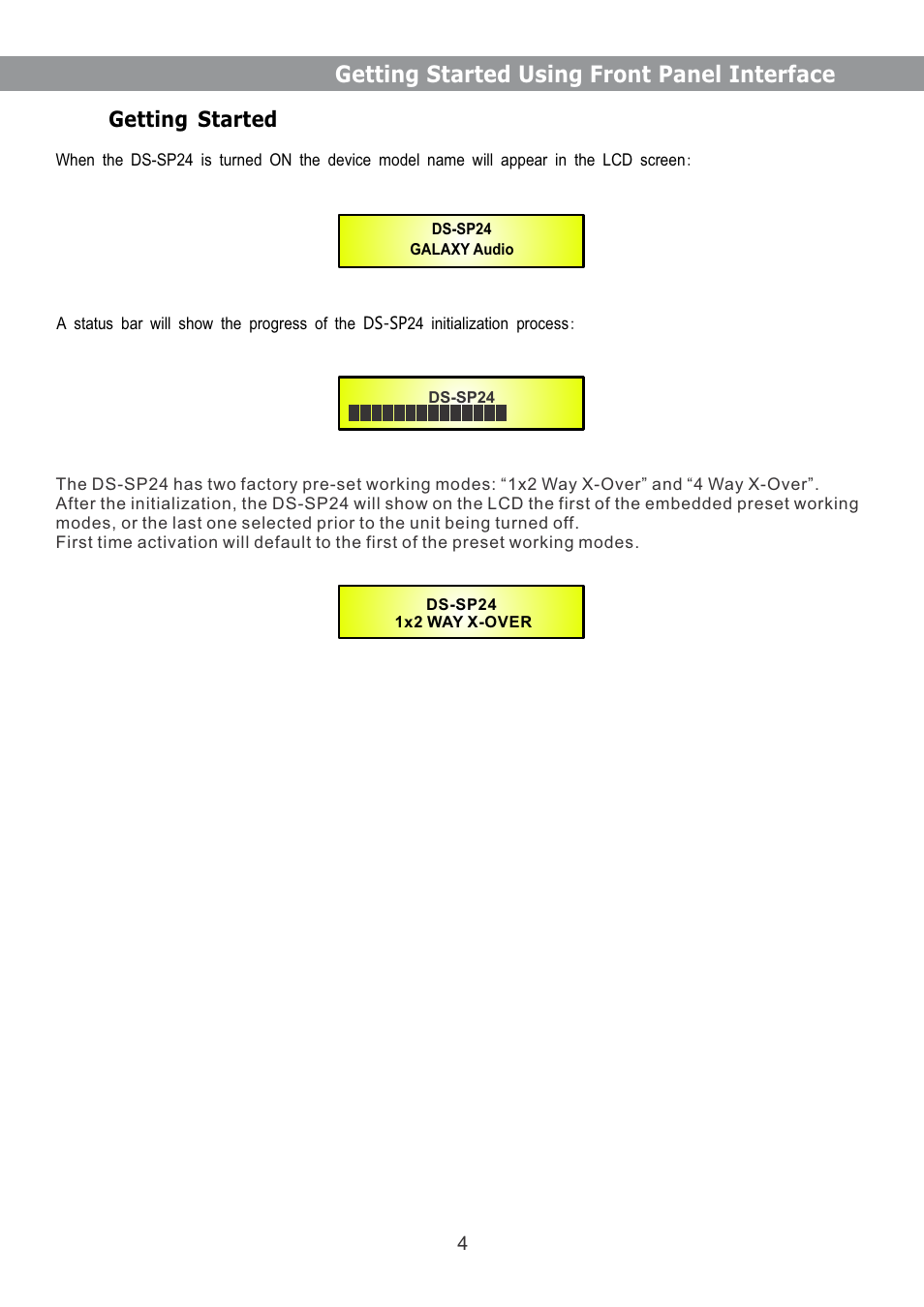 Getting started using front panel interface, Getting started | Galaxy Audio DS-SP24 User Manual | Page 5 / 40