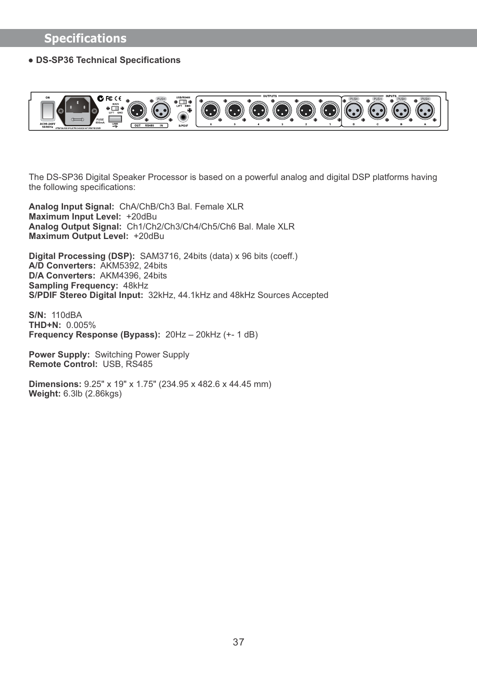 Specifications | Galaxy Audio DS-SP36 User Manual | Page 38 / 40