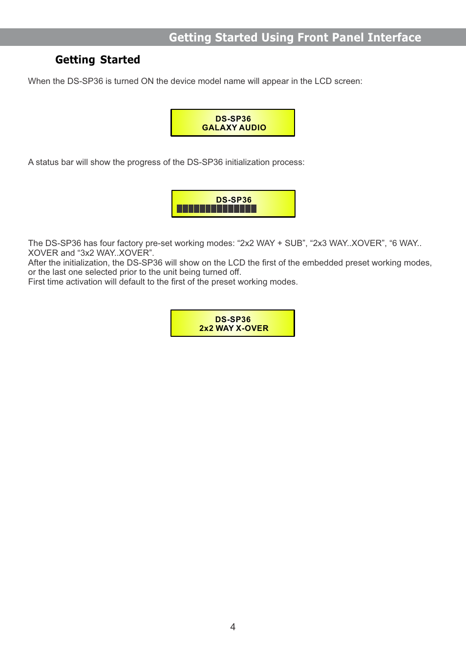 Getting started using front panel interface, Getting started | Galaxy Audio DS-SP36 User Manual | Page 5 / 40