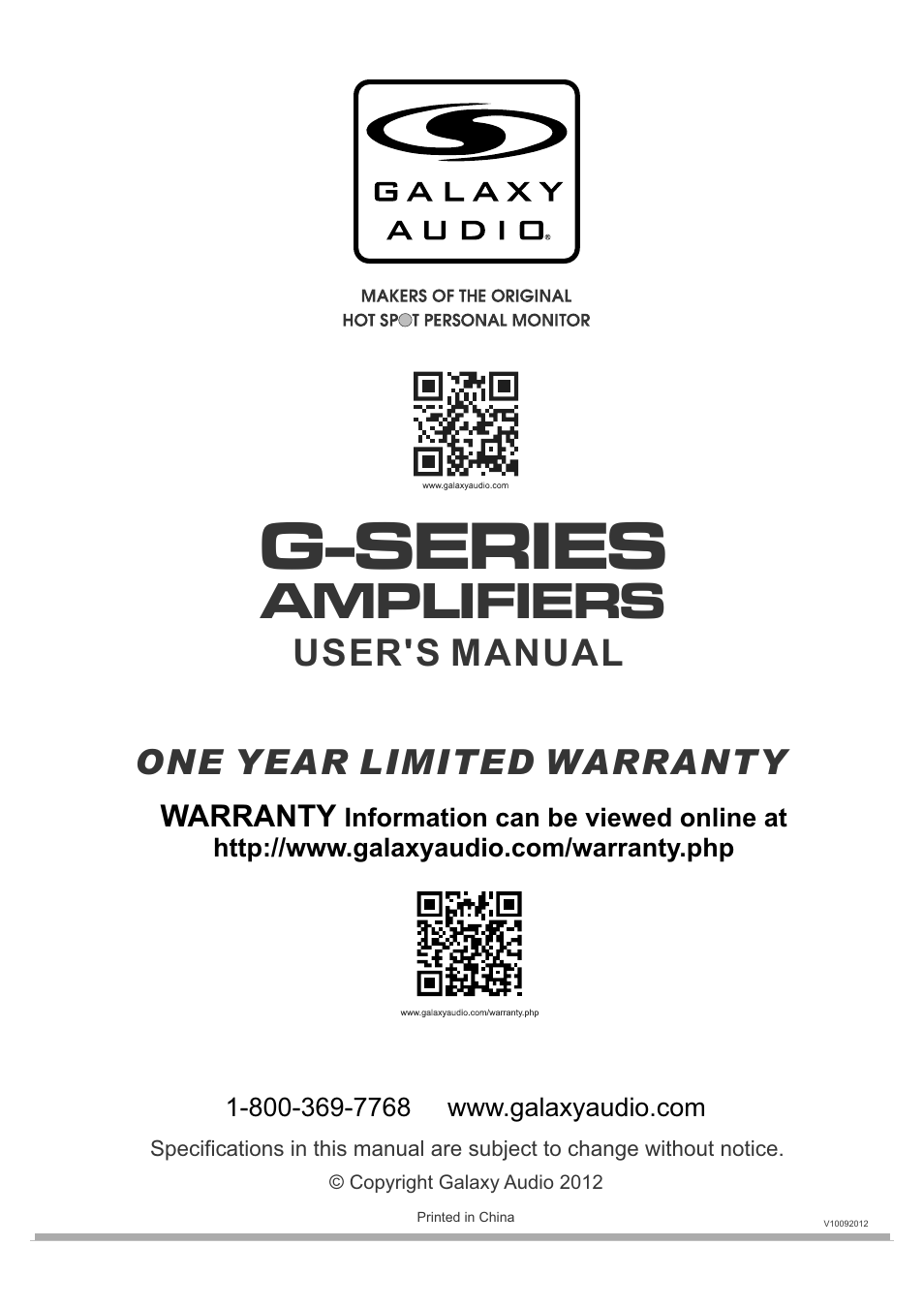 G-series, Amplifiers, User's manual | One year limited warranty | Galaxy Audio G-1200 User Manual | Page 16 / 16