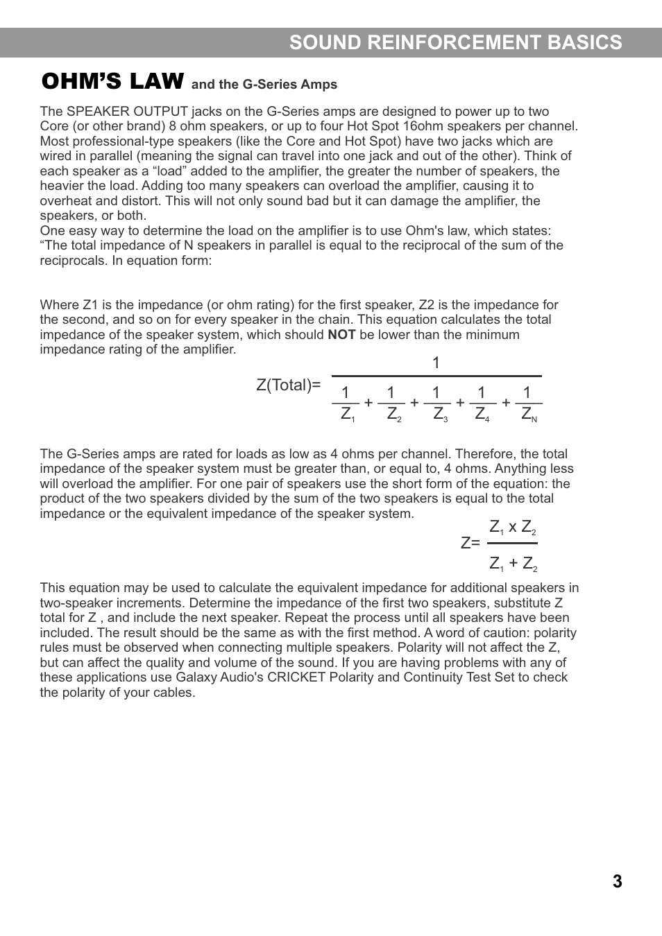 Ohm’s law, Sound reinforcement basics, Z= z x z | Z + z | Galaxy Audio G-1200 User Manual | Page 7 / 16