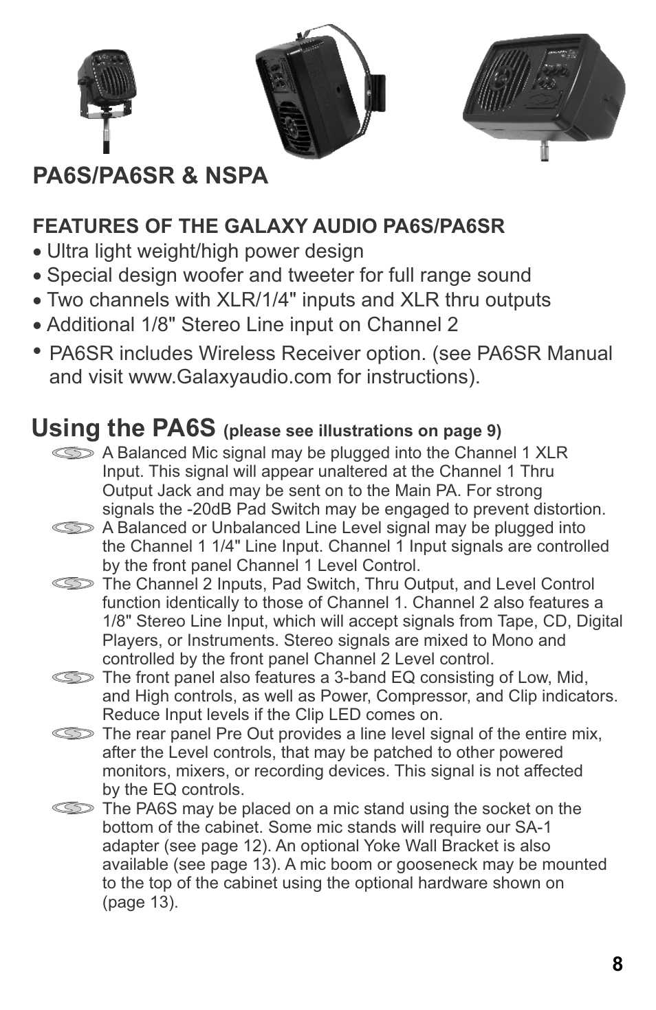 Using the pa6s, Pa6s/pa6sr & nspa | Galaxy Audio MSPA5 User Manual | Page 11 / 24