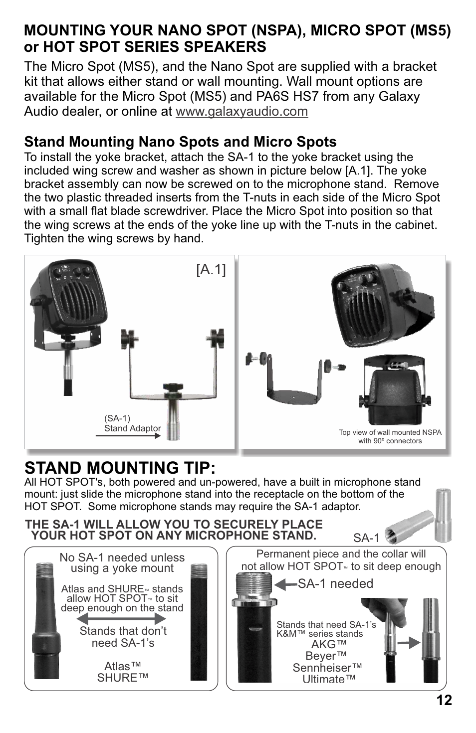 Stand mounting tip, Stand mounting nano spots and micro spots, Needed | Galaxy Audio MSPA5 User Manual | Page 15 / 24